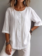 New Arrival 🔥Women'S Round Neck Three-Quarter Sleeve Pleated Shirt