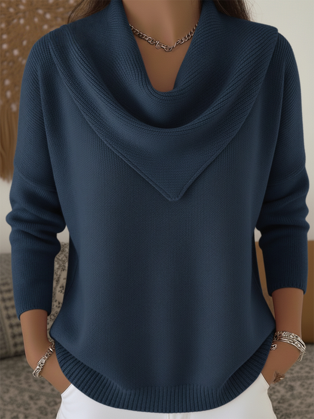 CLEARANCE SALE🔥Women's Retro Soft Triangle Neck Solid Color Sweater Top