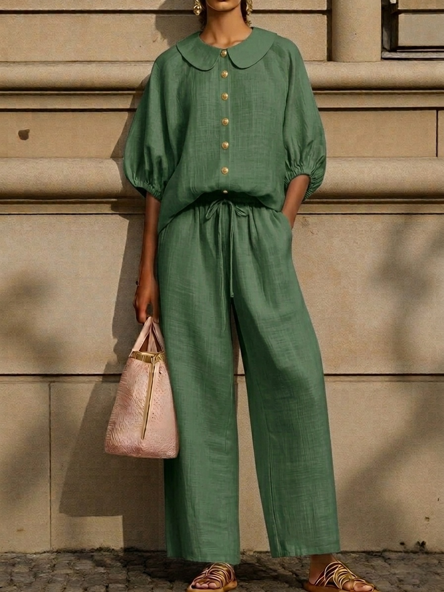 New Arrivals🔥Stylish Peter Pan Collar Shirt And Wide-leg Pant Linen Two-piece Set