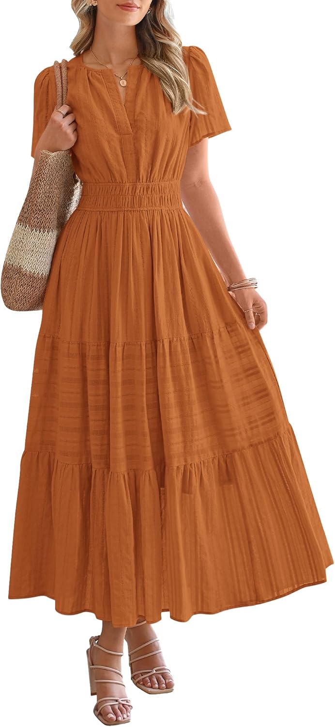 NEW🔥2026 Women's Summer Lightweight Short Sleeve V Casual Midi Maxi Dresses