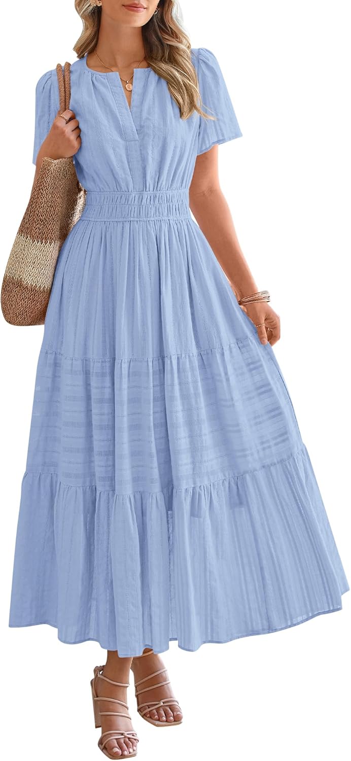 NEW🔥2026 Women's Summer Lightweight Short Sleeve V Casual Midi Maxi Dresses