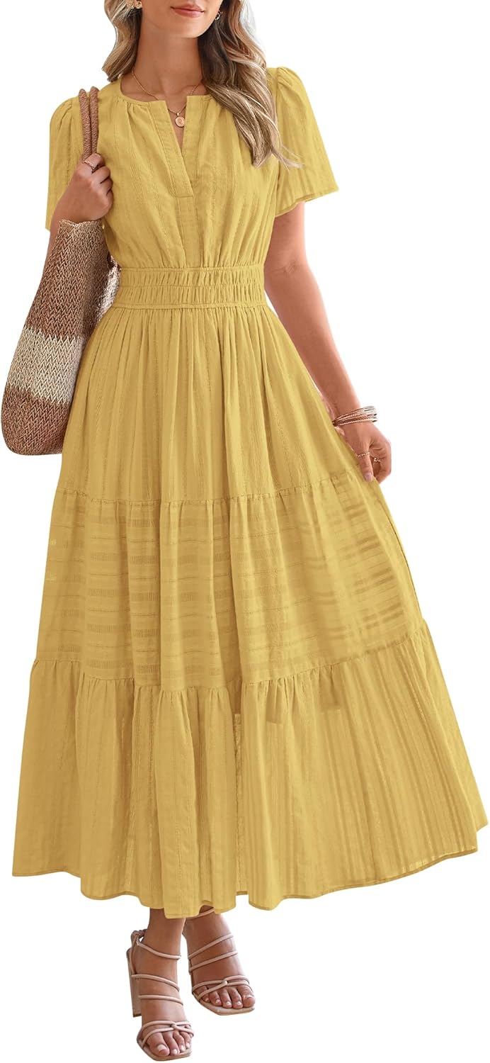 NEW🔥2026 Women's Summer Lightweight Short Sleeve V Casual Midi Maxi Dresses