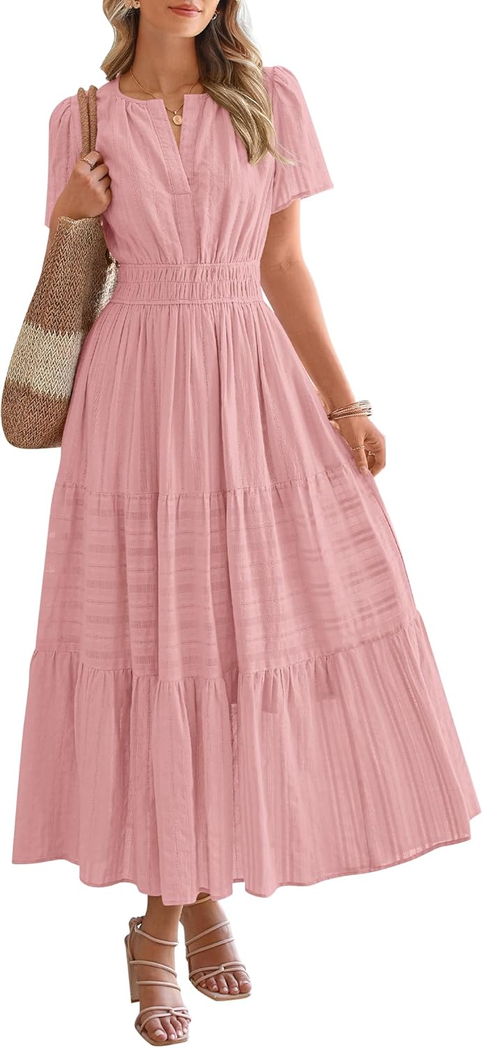 NEW🔥2026 Women's Summer Lightweight Short Sleeve V Casual Midi Maxi Dresses
