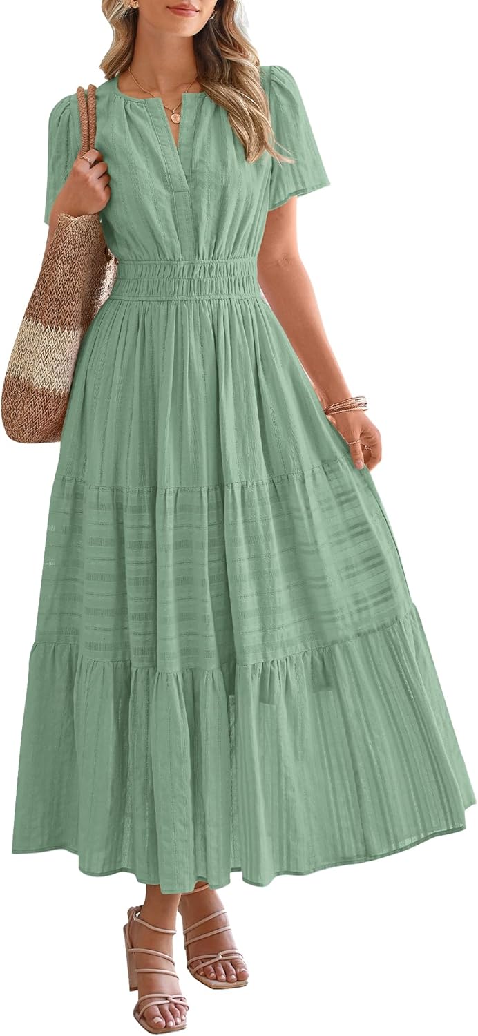 NEW🔥2026 Women's Summer Lightweight Short Sleeve V Casual Midi Maxi Dresses