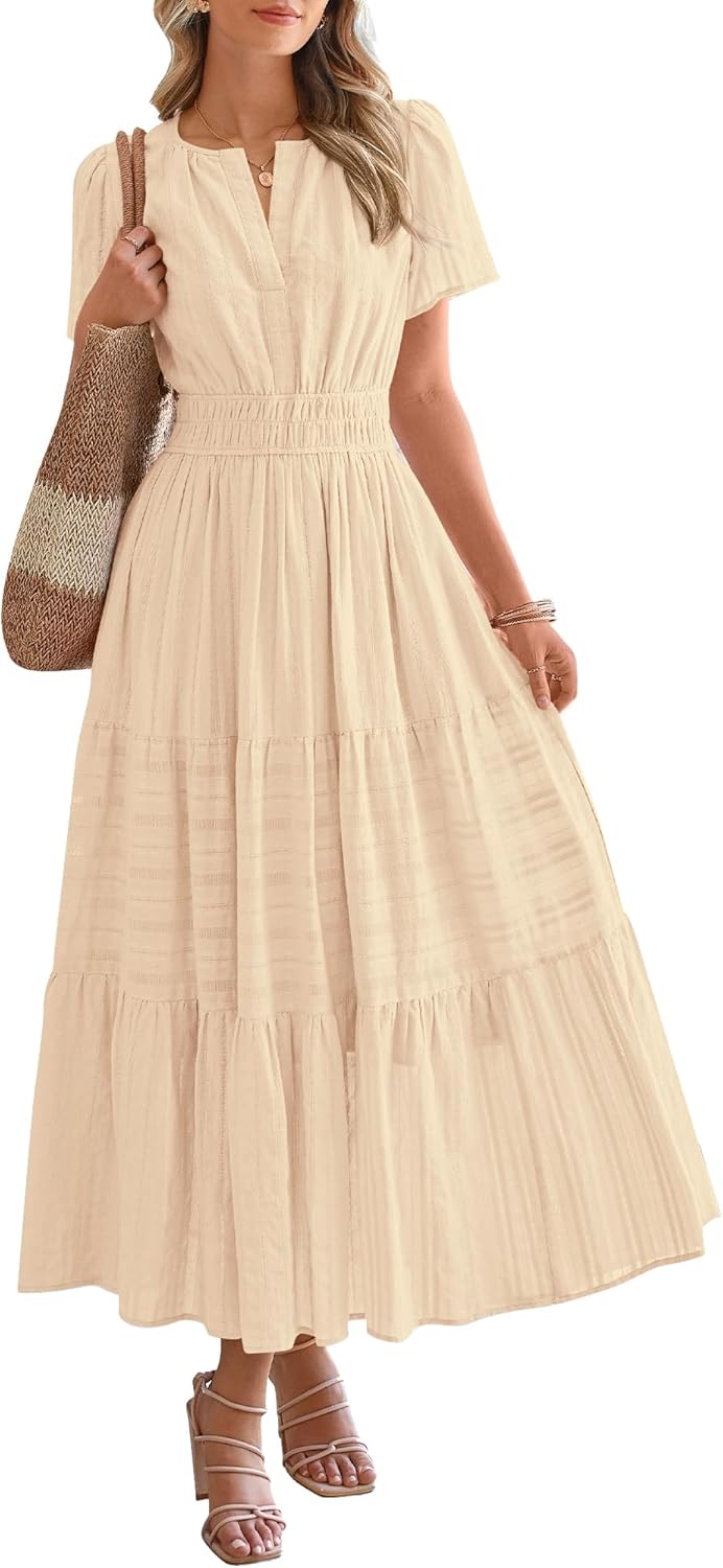 NEW🔥2026 Women's Summer Lightweight Short Sleeve V Casual Midi Maxi Dresses