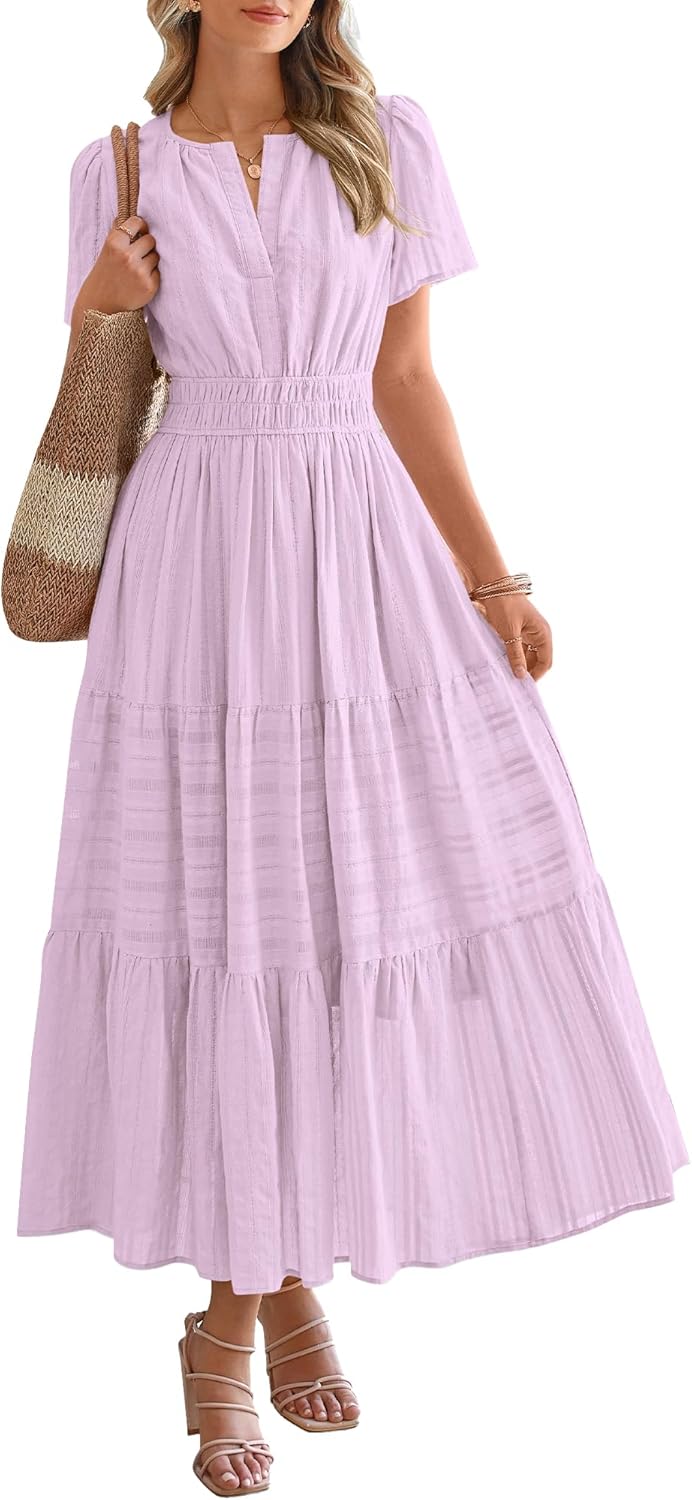 NEW🔥2026 Women's Summer Lightweight Short Sleeve V Casual Midi Maxi Dresses