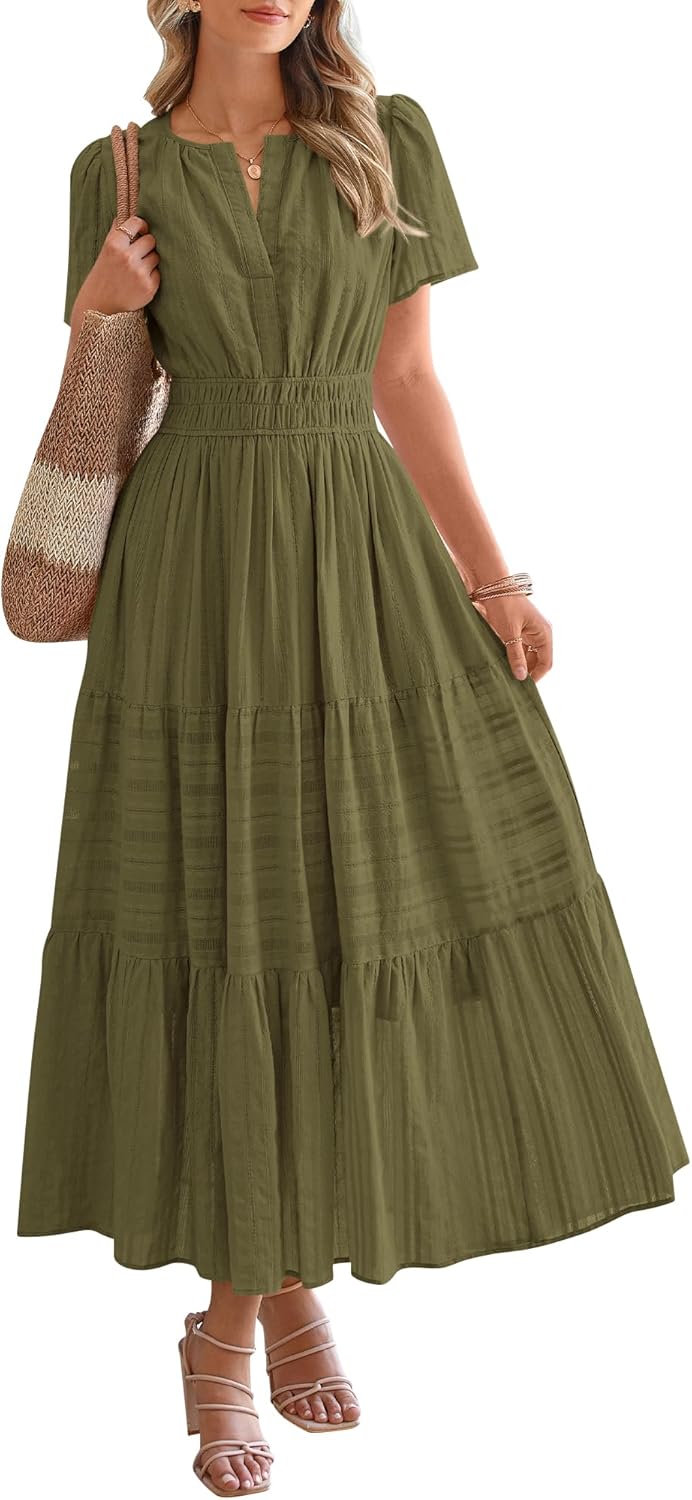NEW🔥2026 Women's Summer Lightweight Short Sleeve V Casual Midi Maxi Dresses