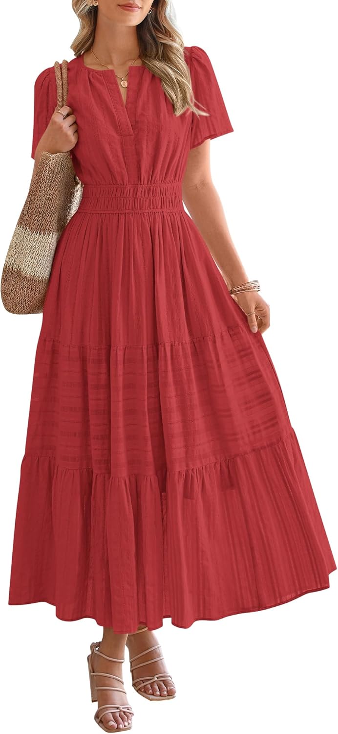 NEW🔥2026 Women's Summer Lightweight Short Sleeve V Casual Midi Maxi Dresses