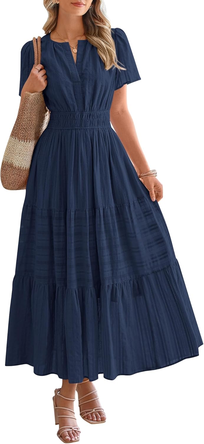 NEW🔥2026 Women's Summer Lightweight Short Sleeve V Casual Midi Maxi Dresses