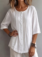 New Arrival 🔥Women'S Round Neck Three-Quarter Sleeve Pleated Shirt