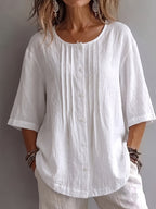 New Arrival 🔥Women'S Round Neck Three-Quarter Sleeve Pleated Shirt