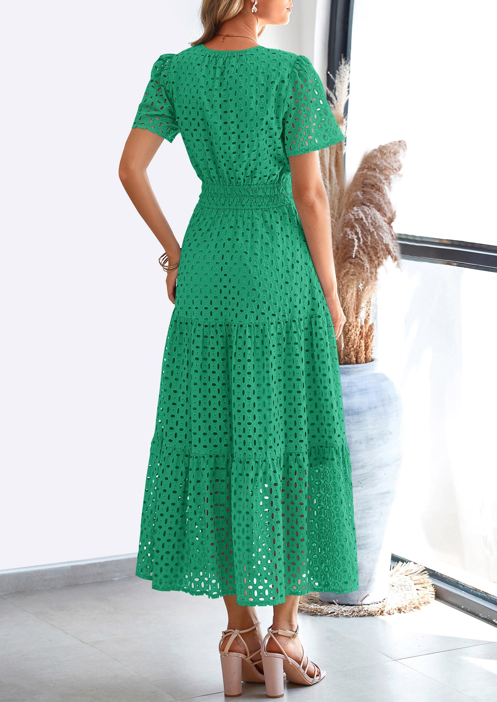 2026 Womens Summer V Neck Maxi Dress Short Sleeve Hollow Out Flowy Beach Dress