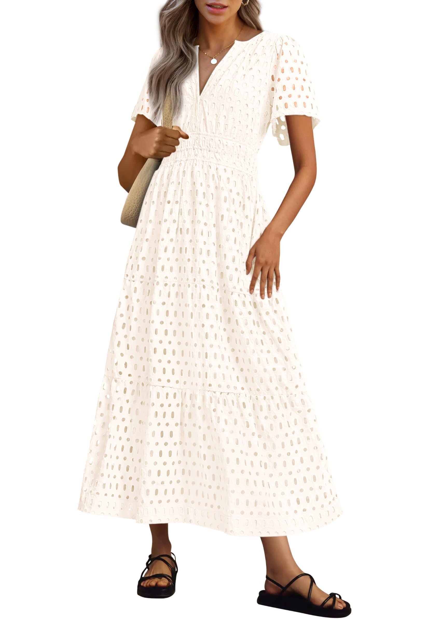 2026 Womens Summer V Neck Maxi Dress Short Sleeve Hollow Out Flowy Beach Dress