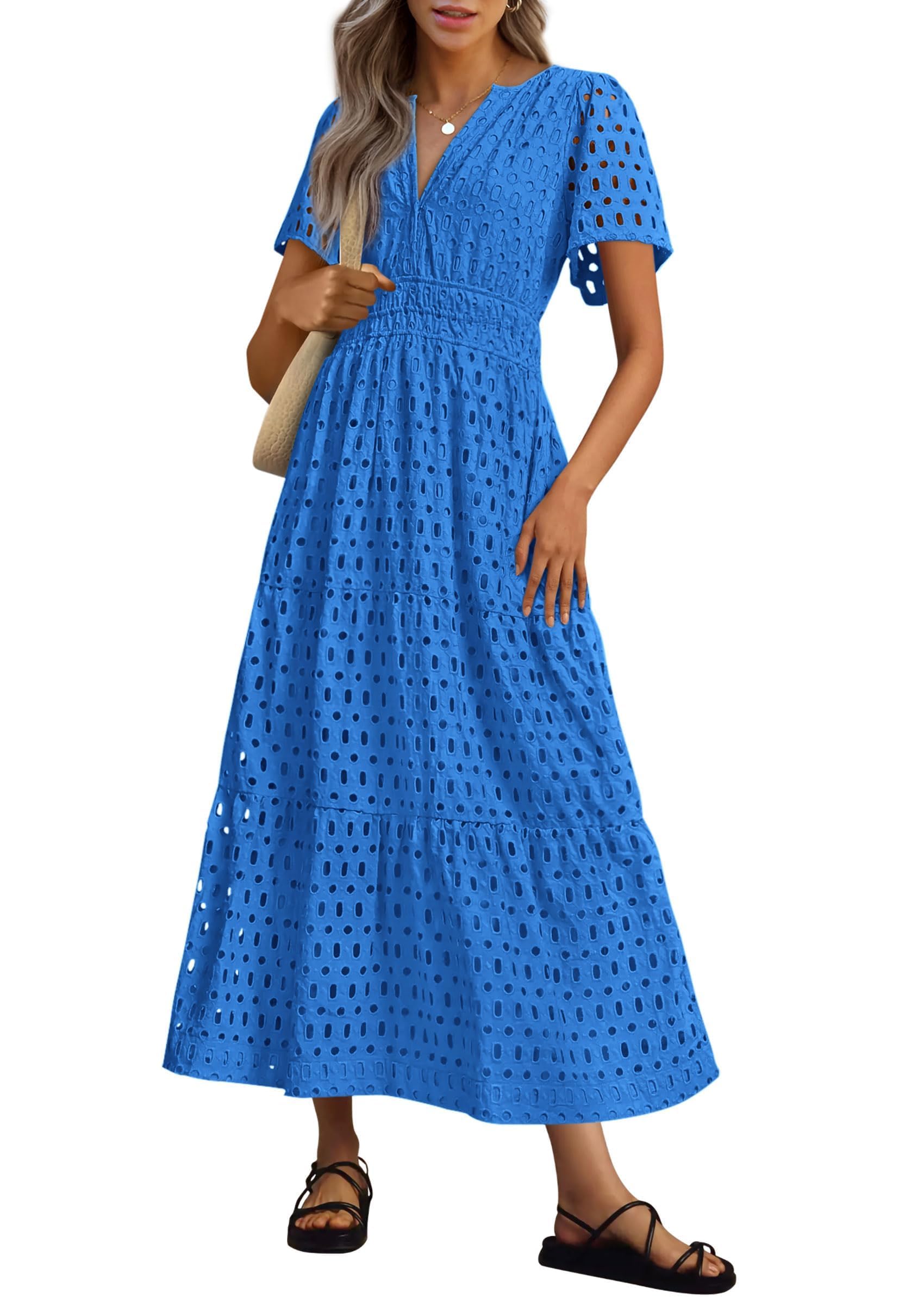 2026 Womens Summer V Neck Maxi Dress Short Sleeve Hollow Out Flowy Beach Dress