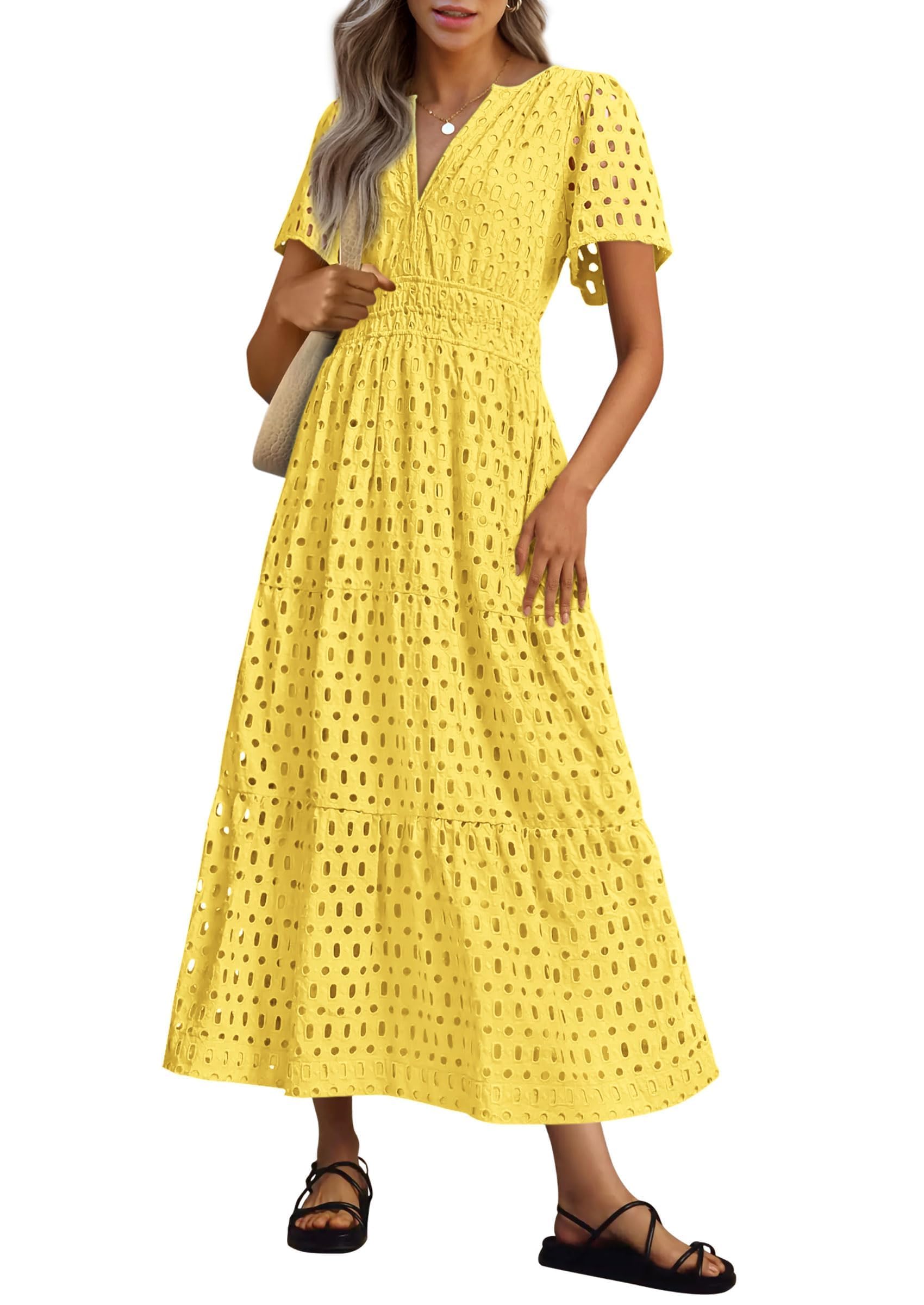 2026 Womens Summer V Neck Maxi Dress Short Sleeve Hollow Out Flowy Beach Dress