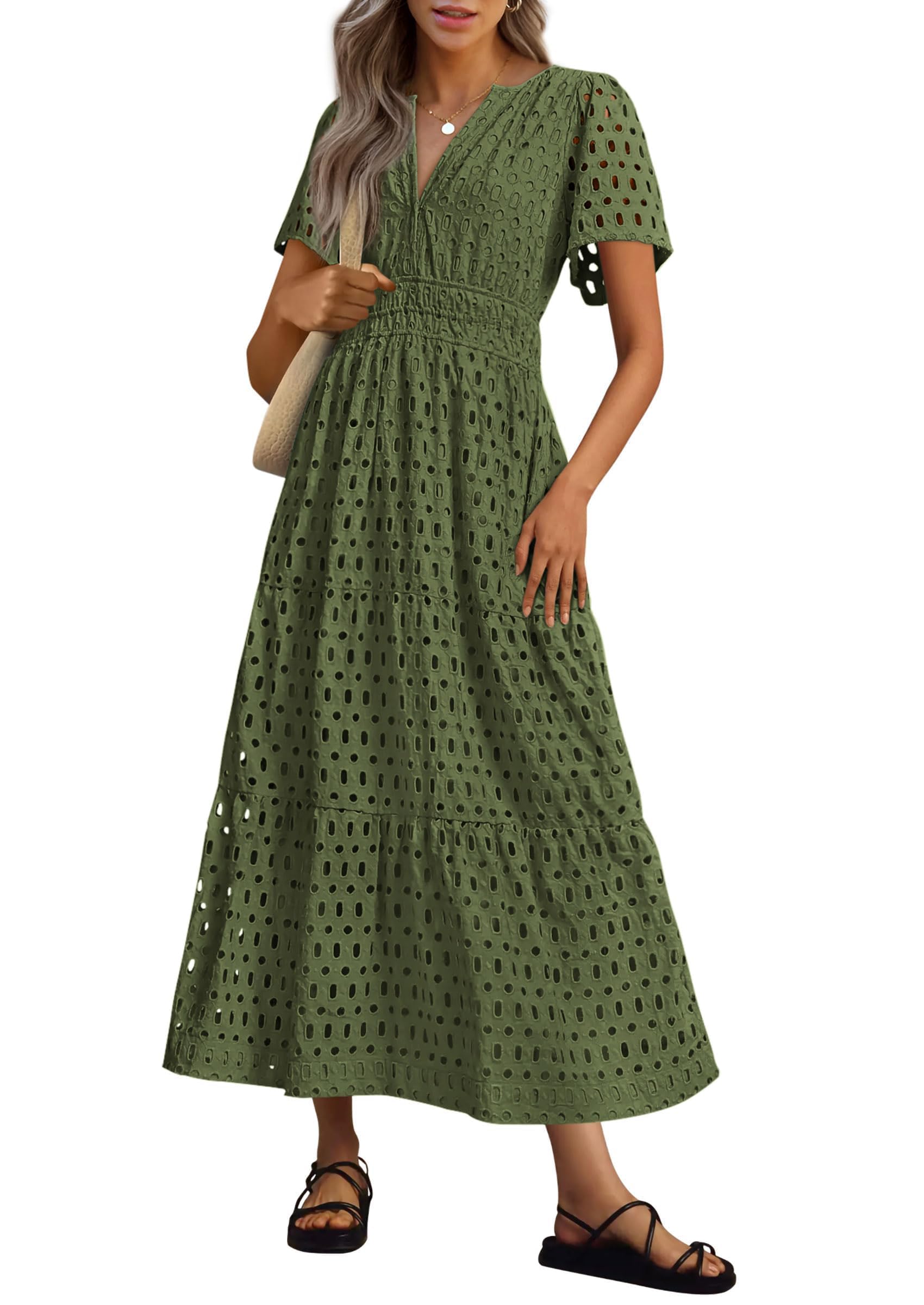 2026 Womens Summer V Neck Maxi Dress Short Sleeve Hollow Out Flowy Beach Dress