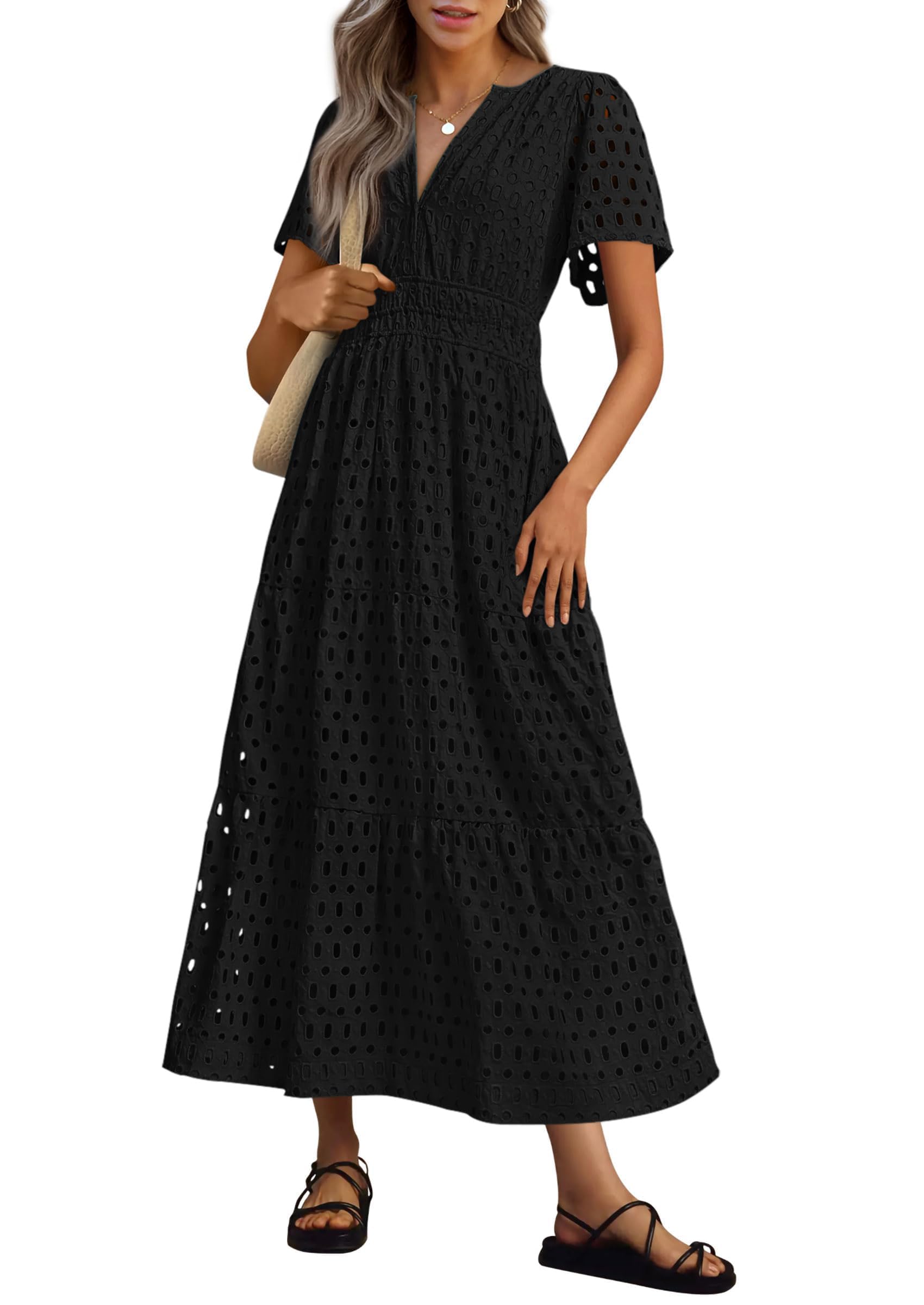 2026 Womens Summer V Neck Maxi Dress Short Sleeve Hollow Out Flowy Beach Dress
